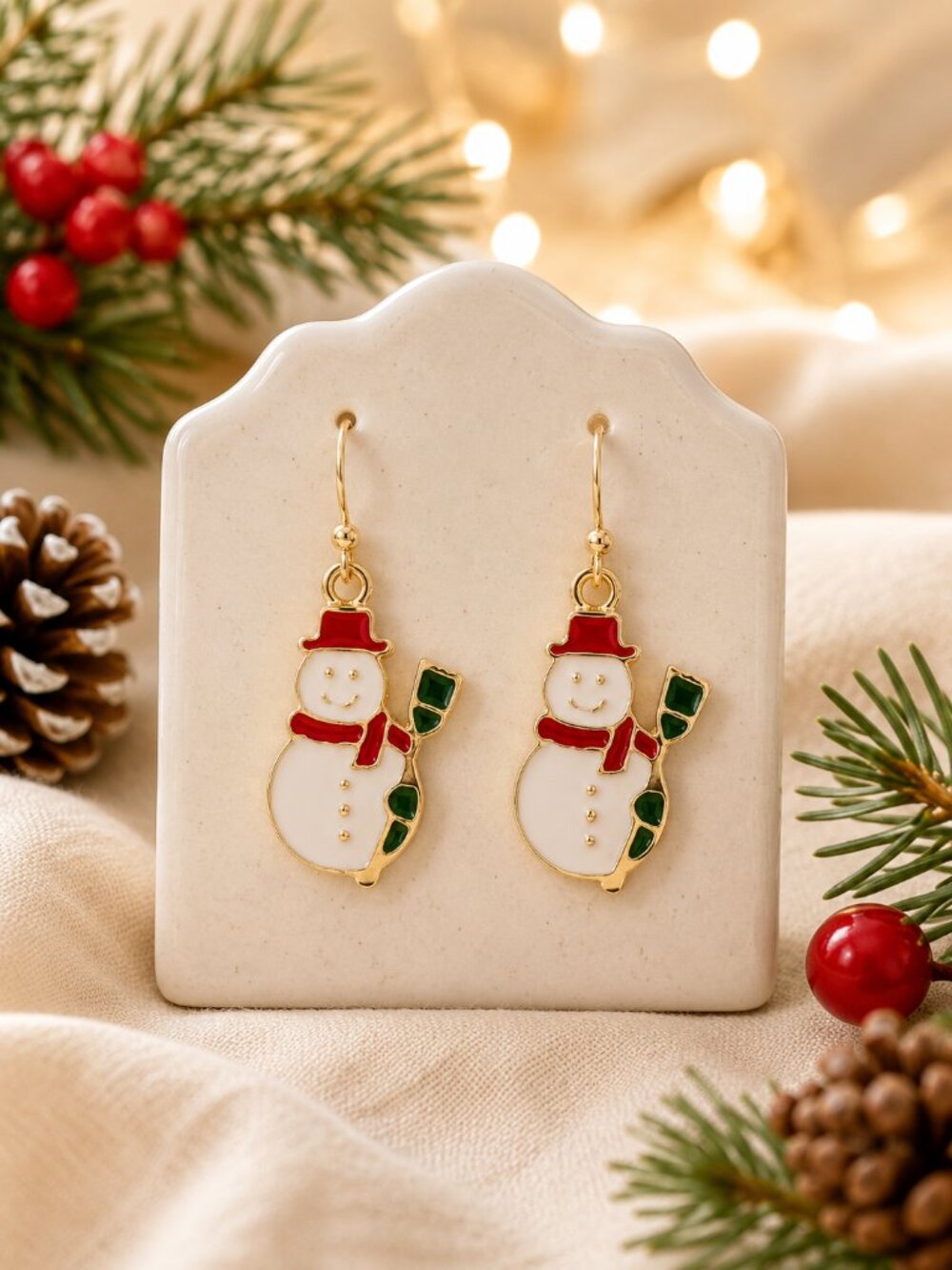 Snowman Broom Dangle Earrings Red Green Enamel Gold Christmas Holiday